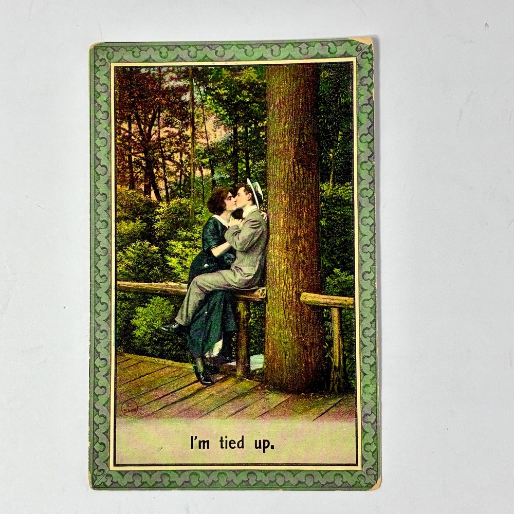 VTG 1910 Bamforth & Co Postcard I'm Tied Up Romantic Kissing Couple Antique